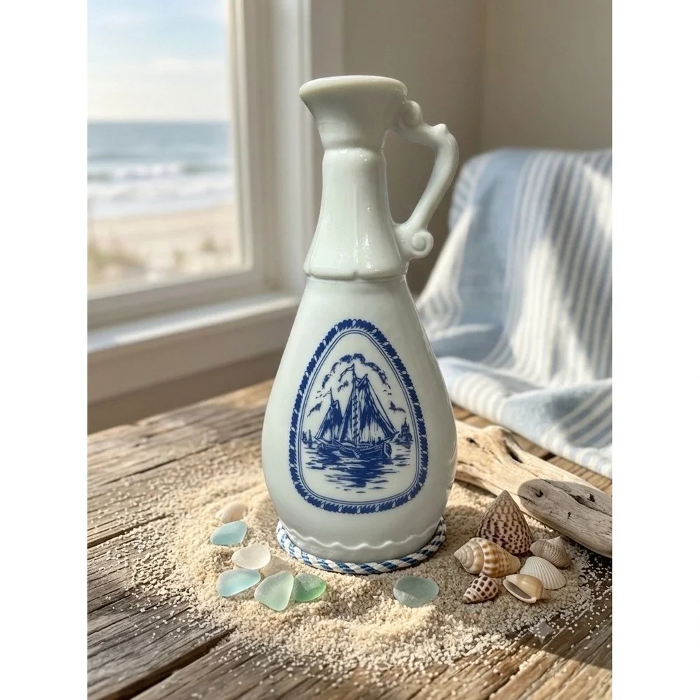 Vintage Milk Glass Nautical Decanter Sailboat Windmill Coastal Decor